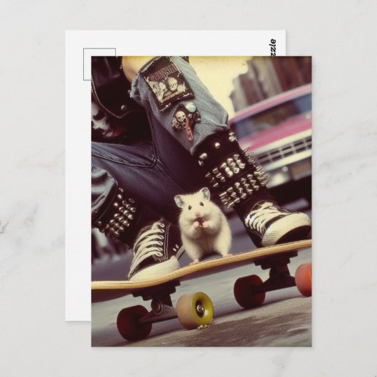 Carte Postale Un hamster de skateboard dans la ville Retro Punk (Devant / Derrière)
