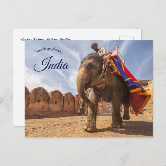 Carte Postale Un Homme À L'Éléphant Au Palais De L'Ambre Jaipur (Devant / Derrière)