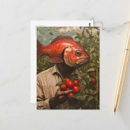 Carte Postale Un homme avec du poisson pour une tête dans un jar (Devant/Arrière en situation)