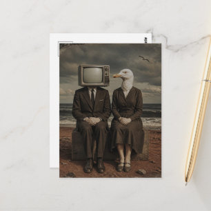 Carte Postale Un homme avec une télévision pour tête et une dame