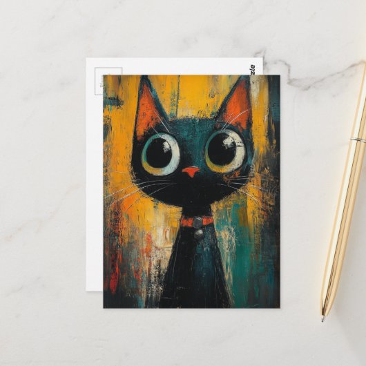 Carte Postale Un joli chat noir adorable (Devant/Arrière en situation)