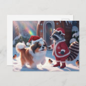Carte Postale Un joli Raccoon et très mignon chien Festin Noël (Devant / Derrière)