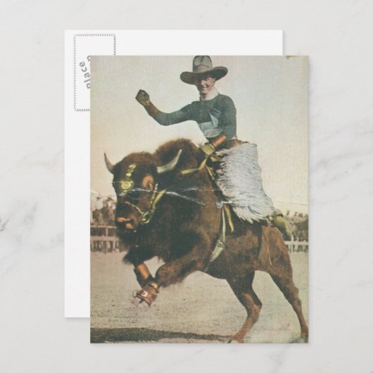 Carte Postale Un joyeux cowboy sur un bison rebutant. (Devant / Derrière)