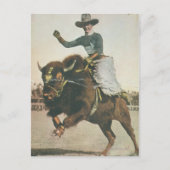 Carte Postale Un joyeux cowboy sur un bison rebutant. (Devant)