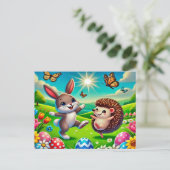 Carte Postale Un lapin et un hérisson heureux (Debout devant)