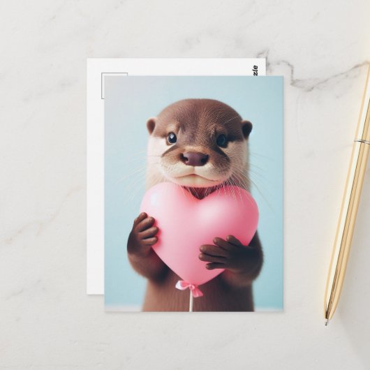 Carte Postale Un mignon ballon de coeur rose Valentine Otter (Devant/Arrière en situation)