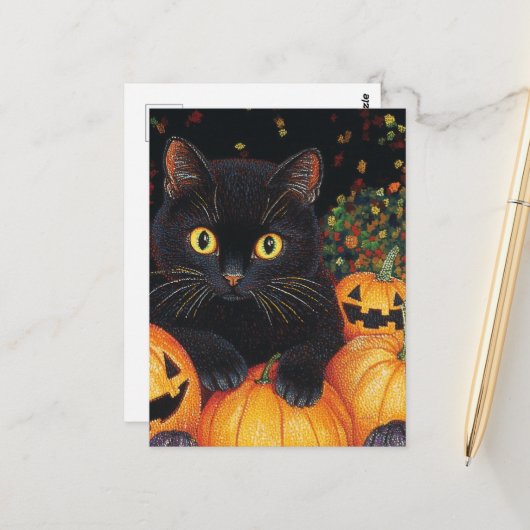Carte Postale Un mignon chat noir en Citrouille d'Halloween (Devant/Arrière en situation)