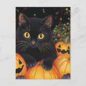 Carte Postale Un mignon chat noir en Citrouille d'Halloween (Devant)