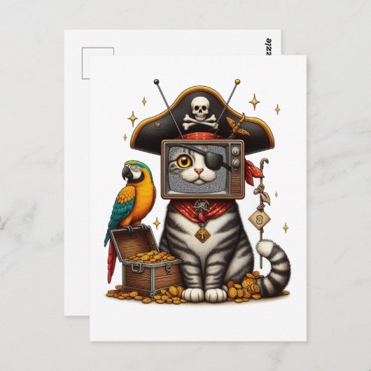 Carte Postale Un mignon chat pirate avec la télévision à la tête (Devant / Derrière)