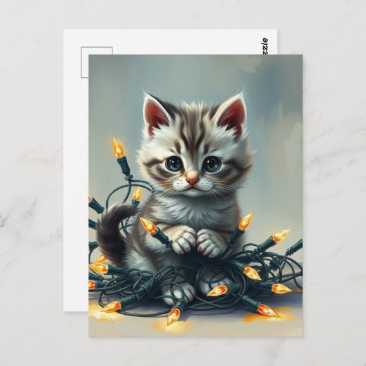 Carte Postale Un mignon chaton enveloppé dans les lumières de No (Devant / Derrière)