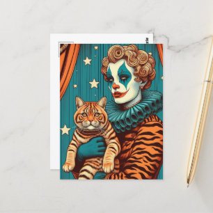 Carte Postale Un mignon clown et un chat à gingembre tabby