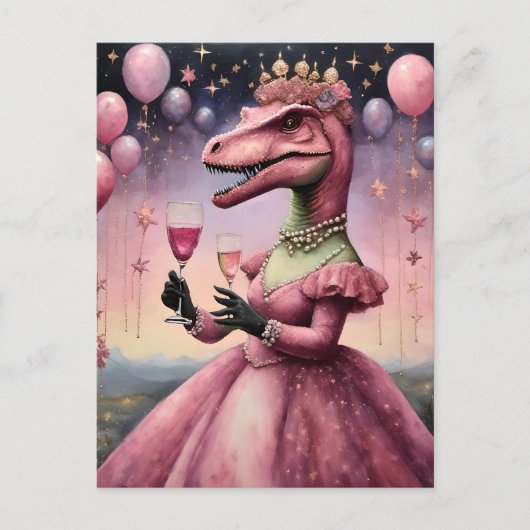 Carte Postale Un mignon Dino rose en robe (Devant)