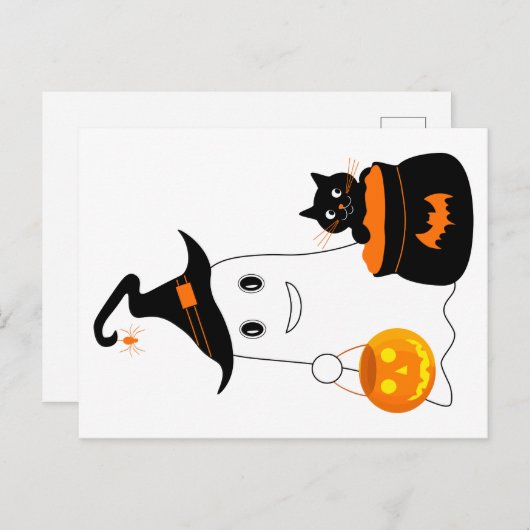 Carte Postale Un mignon fantôme avec chat noir célébrer l'hallow (Devant / Derrière)