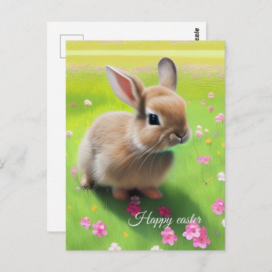 Carte Postale Un mignon lapin dans une prairie fleurie (Devant / Derrière)