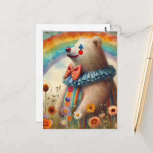 Carte Postale Un mignon ours clown dans une prairie arc-en-ciel