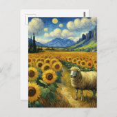 Carte Postale Un mouton dans le champ de tournesol Faux Van Gogh (Devant / Derrière)
