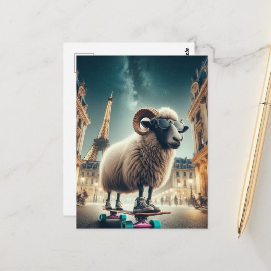 Carte Postale Un mouton de planche à roulettes dans la ville (Devant/Arrière en situation)