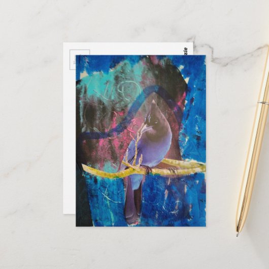 Carte Postale Un oiseau qui est bleu Collage en techniques mixte (Devant/Arrière en situation)