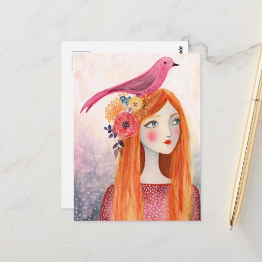 Carte Postale Un oiseau rose dans ses cheveux (Devant/Arrière en situation)