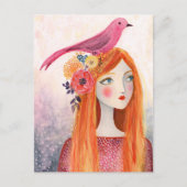 Carte Postale Un oiseau rose dans ses cheveux (Devant)