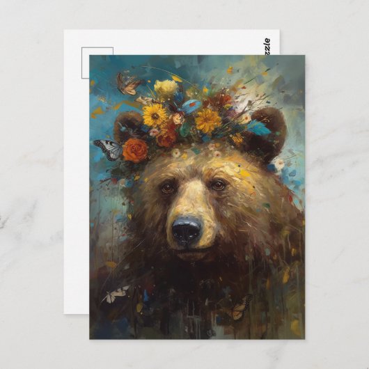 Carte Postale Un ours mignon avec couronne fleurie (Devant / Derrière)