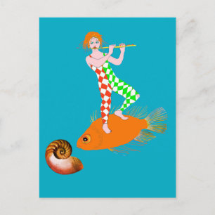 Carte Postale Un personnage de clown Arlequin jouant de la flûte