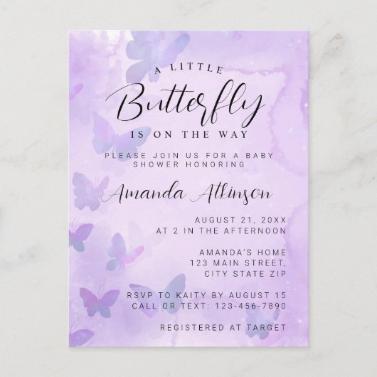 Carte Postale Un petit Baby shower pourpre à papillon (Devant)