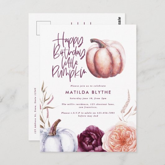 Carte Postale Un petit citrouille fleurs chute violet pêche anni (Devant / Derrière)