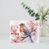 Carte Postale Un Robin de Printemps parmi les fleurs de cerisier (Debout devant)