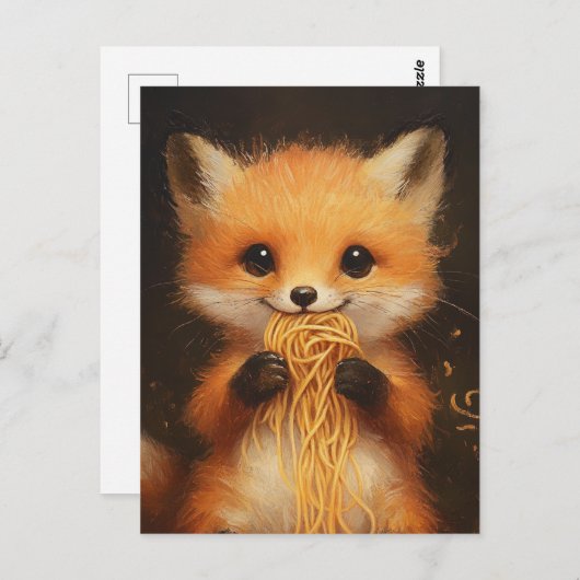Carte Postale Un super mignon bébé renard rouge mangeant spaghet (Devant / Derrière)