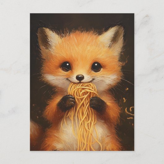 Carte Postale Un super mignon bébé renard rouge mangeant spaghet (Devant)