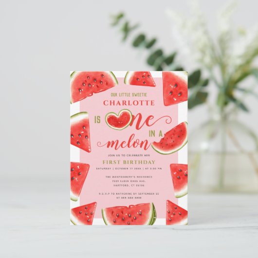 Carte Postale Un sur un melon 1er anniversaire doux pastèque ros (Debout devant)