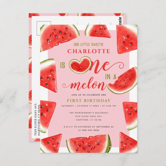 Carte Postale Un sur un melon 1er anniversaire doux pastèque ros (Devant / Derrière)