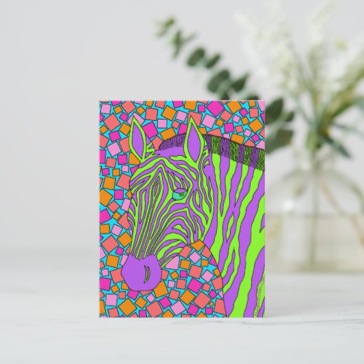 Carte Postale Un Zèbre Tropical Stripes Mosaïque Purple Vert Amu (Debout devant)
