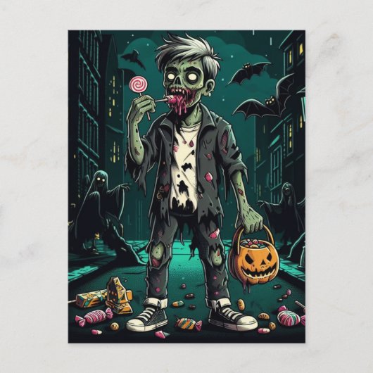 Carte Postale Un Zombie Manger Un Bonbon D'Halloween (Devant)