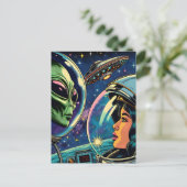 Carte Postale Une astronaute rencontre un Alien extra-terrestre (Debout devant)