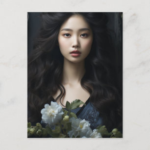 Carte Postale Une belle femme aux longs cheveux noirs et aux fle