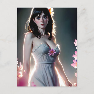 Carte Postale Une belle femme aux longues fleurs roses noires