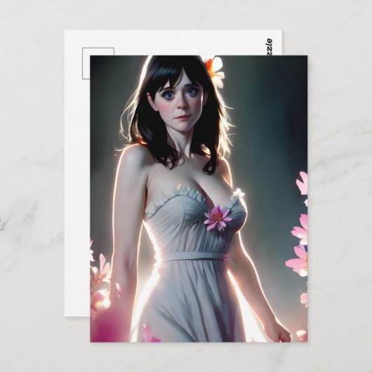 Carte Postale Une belle femme aux longues fleurs roses noires (Devant / Derrière)