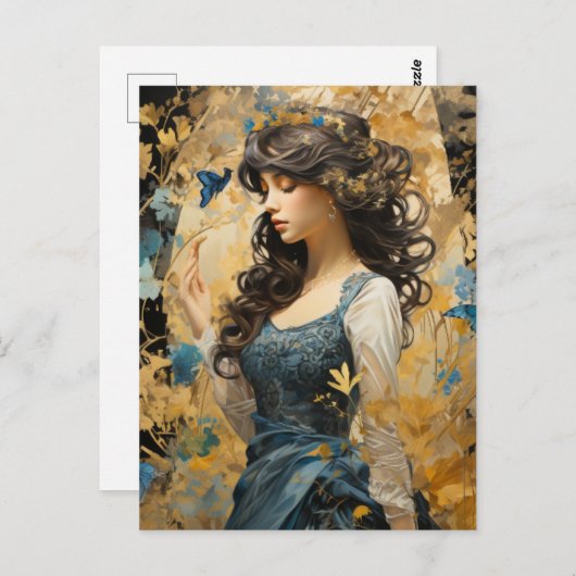 Carte Postale Une belle Femme cheveux longs collage papillon ble (Devant / Derrière)