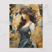 Carte Postale Une belle Femme cheveux longs collage papillon ble (Devant)