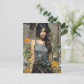 Carte Postale Une belle Femme long cheveux jaune fleurs collage (Debout devant)