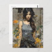 Carte Postale Une belle Femme long cheveux jaune fleurs collage (Devant / Derrière)