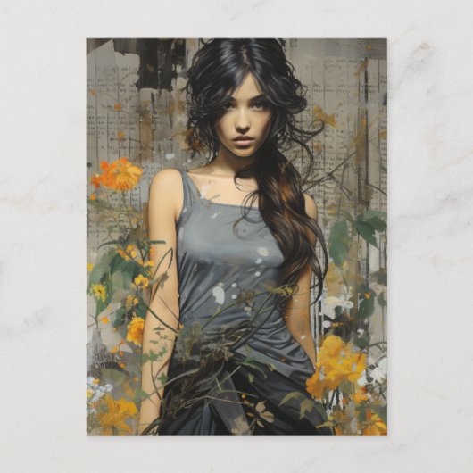 Carte Postale Une belle Femme long cheveux jaune fleurs collage (Devant)