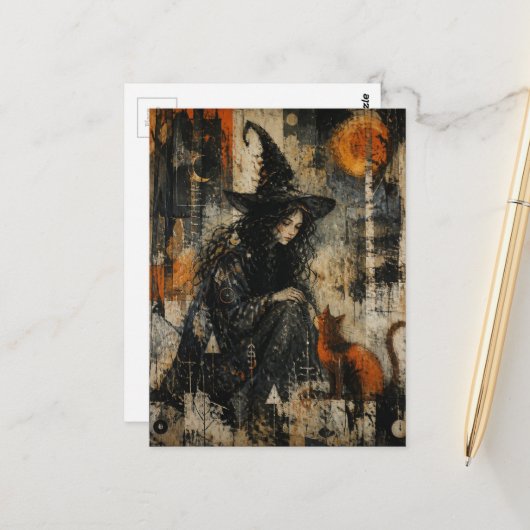 Carte Postale Une Belle Sorcière et son Chat Roux (Devant/Arrière en situation)