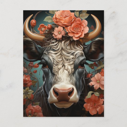 Carte Postale Une belle vache aux fleurs (Devant)