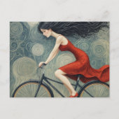 Carte Postale Une dame à vélo en robe rouge (Devant)