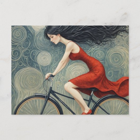 Carte Postale Une dame à vélo en robe rouge (Devant)