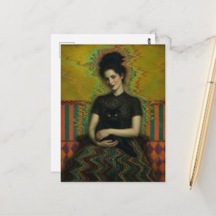 Carte Postale Une dame avec un chat noir Glitch Art