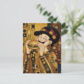 Carte Postale Une Dame Joyeuse Avec Un Cheeseburger (Debout devant)
